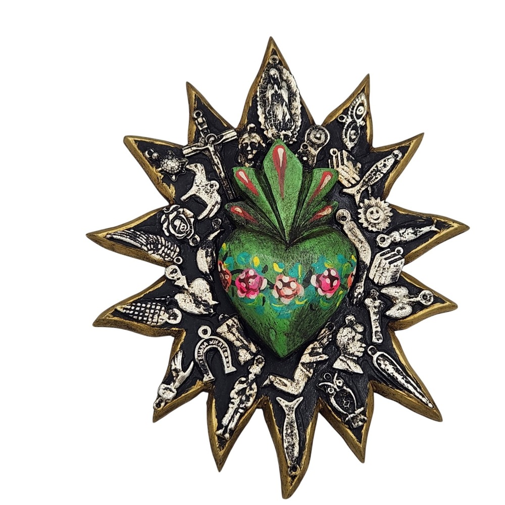 Sunburst Milagros Sacred Heart Miracle Wood Handmade Mexico Folk Art Love Decor‎